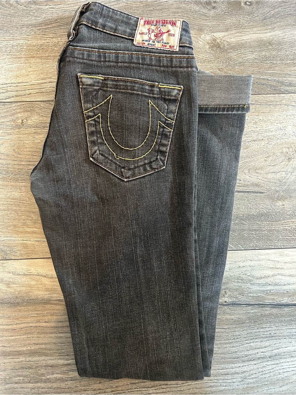 True Religion Women's Low Rise Selvedge Jeans with Yellow Stitching Y2K